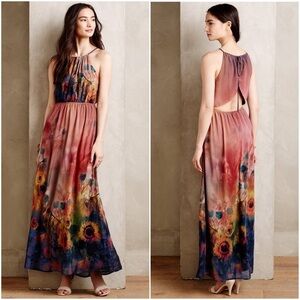 Anthropologie Floral Watercolor Halter Maxi Dress in Sunset Multicolor